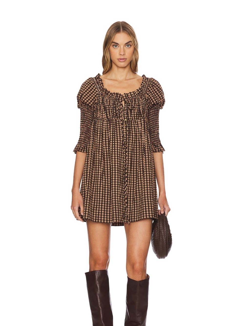 Free People Brown Printed Smocked Mini Dress with Puff Sleeves
